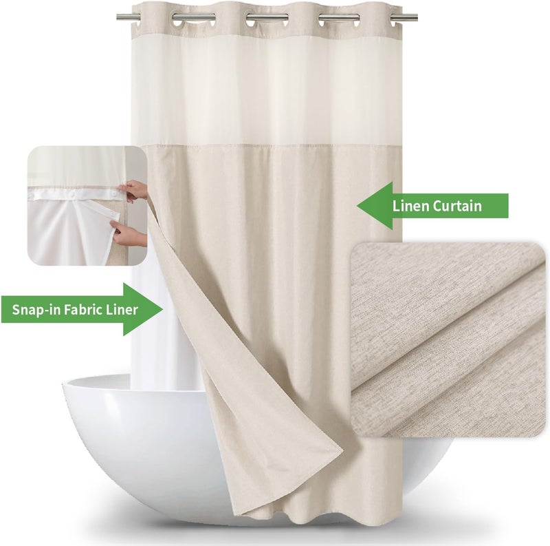 eachope Stall No Hooks Needed Linen Textured Shower Curtain with Snap-in Fabric Liner Set,Hotel Luxury Decor Shower Curtains for Bathroom,Waterproof & Washable,60Wx74H,Cream - Image 3